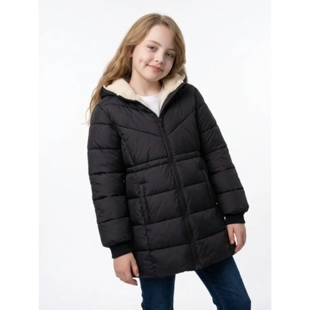 Mackenzie Reed Puffer Jacket Girls SZ 8Y Black Faux Fur Lined Hooded Winter Coat - Picture 9 of 10